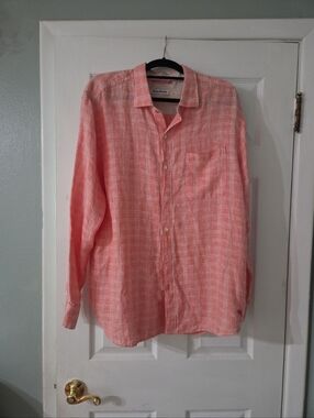 Tommy Bahama Men's Coral Check Button-Up Linen Shirt.